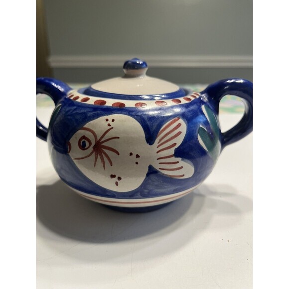 Vietri Solimene FISH 10oz Sugar Bowl w/ Lid Blue Campagna Italy Italian Pottery - Picture 2 of 16